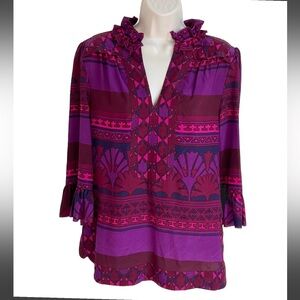 Tory Burch Ruffle Top Size 0 Geometric Print Excellent Condition